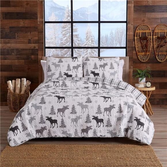 Bedspread Full/Queen Size Quilt with 2 Shams. Cabin 3-Piece Reversible - Picture 4 of 7